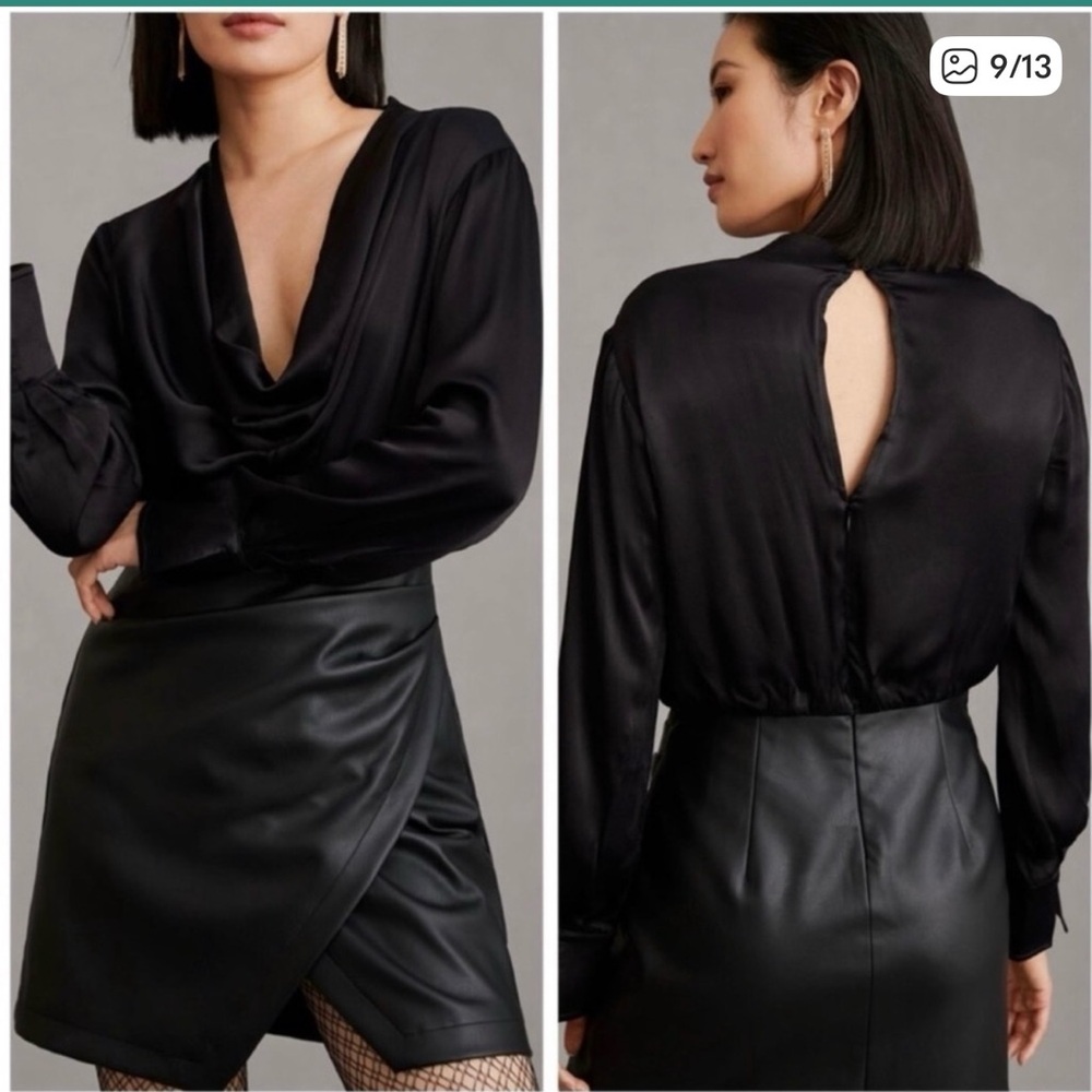 NEW Anthropologie Maeve Plunge Faux Leather Mini Dress $160 Black. Size 14